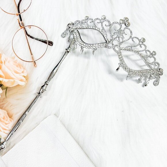 Handmade Accessories - Silver Masquerade Mask with Stick, Crystal Masquerade Ball, Masquerade Wedding